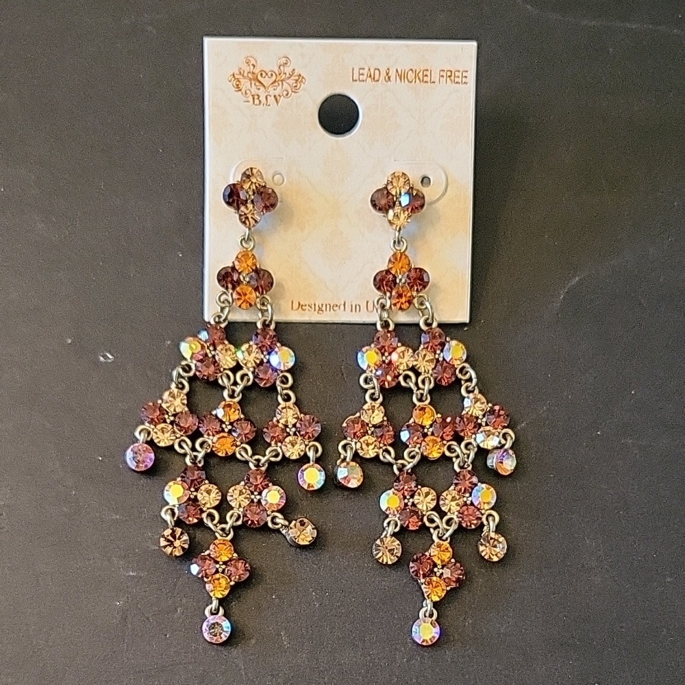NEW Coppery Bronze Chandelier Earrings with Crystal Drops, 4"